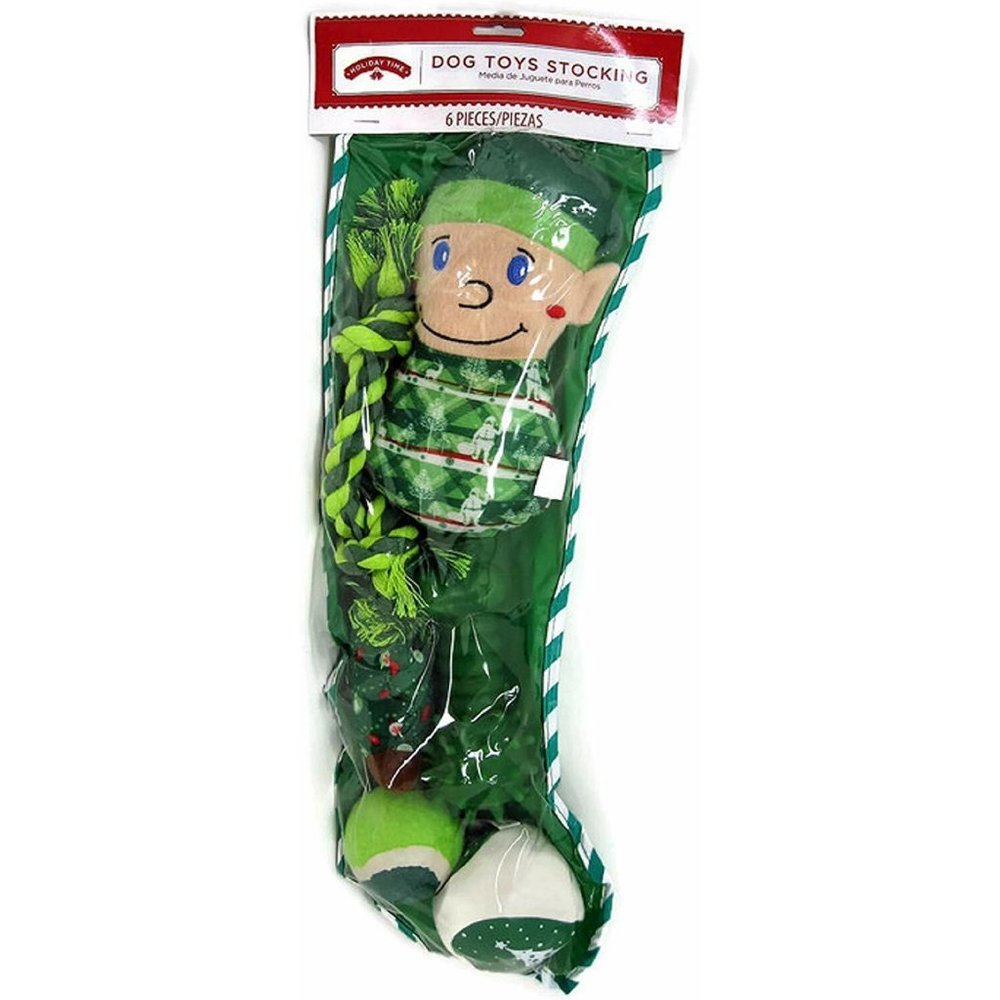 Green Dog Toy Stocking 2 Plush Toys 2 Balls 1 Rope 1 Squeak Toy Holiday Time